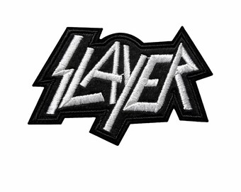 Naszywka haftowana Slayer – białe logo zespołu thrash metalowego, do naszycia, naszywka z odznaką rockowego motocyklisty