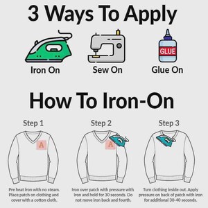 Pode incluir: Um gr&aacute;fico instrutivo que detalha tr&ecirc;s m&eacute;todos para aplicar patches: passar a ferro, costurar e colar. A imagem tamb&eacute;m fornece um guia passo a passo sobre como passar um patch a ferro, incluindo pr&eacute;-aquecimento e passar a ferro.