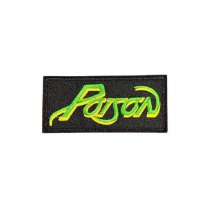 May include: Black rectangular patch featuring the word "Poison" in a stylized, cursive font. The lettering is bright green with a yellow outline, set against a black background.