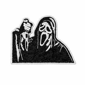 May include: Black and white embroidered patch featuring the Ghostface killer from the Scream horror film series. The design shows the iconic masked figure holding a knife, with a textured black background and white stitching.
