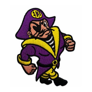May include: Embroidered patch featuring a cartoon pirate in purple and gold. The pirate wears a purple hat with "ECU" in gold, an eye patch, and a gold earring. The pirate is wearing a purple coat with gold trim and a black belt.