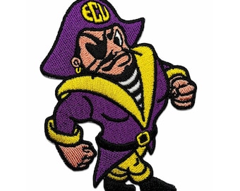 Embroidered Pirate Mascot Patch | ECU Purple Gold Sports Apparel (Iron-On, Hook & Loop)