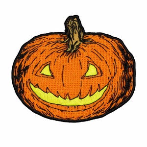 May include: Embroidered orange pumpkin patch with a carved jack-o'-lantern face. The pumpkin has triangular eyes and a jagged, smiling mouth, outlined in black. The stem is brown, and the patch has a black border.