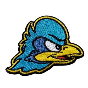 May include: Embroidered patch featuring a stylized blue bird with a yellow beak and outline. The bird has a stern expression with a white eye and red mouth. The patch is outlined in black and yellow.
