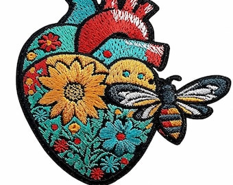 Anatomical Heart Bee Embroidered Patch | Floral Botanical Applique for Jacket | Vest, Backpack or Hat