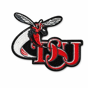 May include: Embroidered patch featuring a stylized red and black hornet with white wings, positioned above the letters "CSU" in red with a white outline, set against a black background. The patch is designed for apparel.