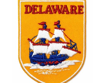 Delaware Sailing Ship Embroidered Patch | Vintage Nautical State Pride (Iron and Sew On)