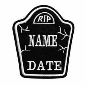 Toppa ricamata personalizzata per lapide commemorativa, con nome e data RIP, da applicare con ferro da stiro o cucire.