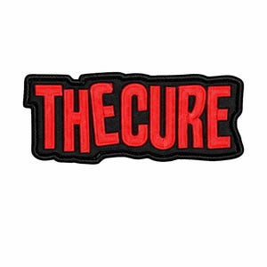 May include: Embroidered patch featuring the text "THE CURE" in bold red letters. The letters are outlined in black, with a black border. The patch is rectangular and likely for clothing or accessories.