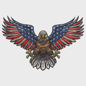 May include: Embroidered eagle with outstretched wings, featuring the American flag design. The wings display red and white stripes with a blue field of stars. The eagle has a brown body, yellow beak, and sharp talons.