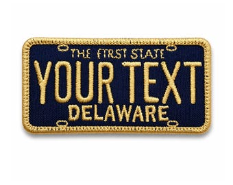 Custom Embroidered Delaware Patch | License Plate Style Name Patch (Iron and Sew On)