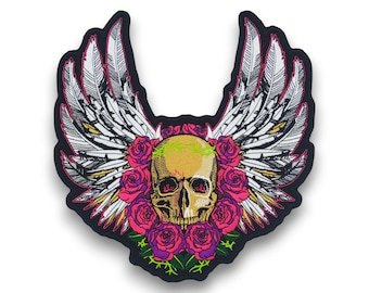 Skull Wings Rose Embroidered Patch – Gothic Biker Jacket Applique (Iron/Sew-On, Hook & Loop)