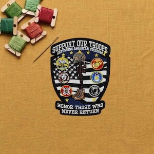 Support Our Troops Patch | Fallen Heroes Tribute Pow Mia US Military Patriotic American | Army Marines Navy Air-Force Embroidered Iron On