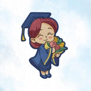 May include: A cartoon patch of a graduate in a blue cap and gown, holding a bouquet of flowers. The graduate has red hair and is smiling. The patch is embroidered with a blue border and yellow accents.