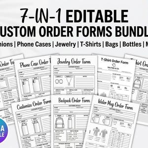 Puede incluir: Un paquete de siete formularios de pedido personalizados editables para cojines, fundas de teléfono, joyas, camisetas, bolsos, botellas y tazas. Los formularios en blanco y negro incluyen campos para detalles del cliente y especificaciones del producto.