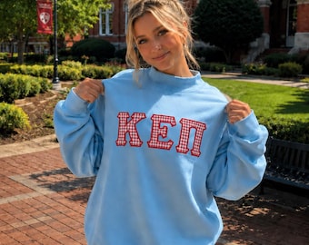 Greek Letter Embroidered Mock Neck Sweatshirt, Sorority Gingham Applique Crewneck, Custom College Pullover