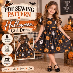May include: A black dress with a Halloween print featuring orange pumpkins, white ghosts, black witch hats, and yellow stars. The dress has short puff sleeves, a round neckline, and a tie-back waist. Text includes PDF SEWING PATTERN.