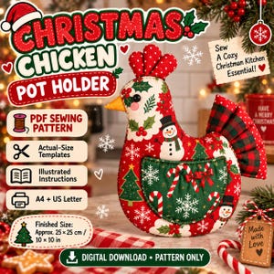 Mönster för ugnsvante med kycklingmotiv i PDF-format | Mönster för grytlapp med volangstjärt och kycklingmotiv | Festligt bondgårdskök | julinspirerad grytlapp