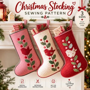 Puede incluir: Un patrón de costura para calcetín navideño con tres calcetines acolchados en rojo y crema con aplicaciones de pájaros y bayas. El texto dice Christmas Stocking SEWING PATTERN, 3 SIZES Small Medium Large, DIGITAL DOWNLOAD, DETAILED INSTRUCTIONS, A4 + US LETTER.