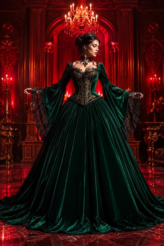 green velvet gothic dress GOTHIC LOLITA DRESS - LONG CLASSIC GREEN VELVET FLORAL LOLITA DRESS