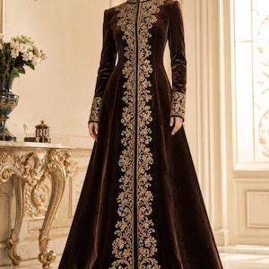 May include: A floor-length, brown velvet coat with long sleeves and a high collar. The coat is adorned with intricate gold embroidery down the front and on the cuffs. The garment has a flowing A-line silhouette.