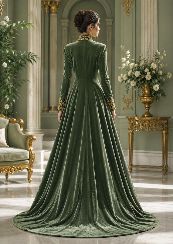 Women's Victorian Gothic Sage Green Velvet Coat Dress