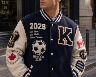 Varsity Letterman Jacket Men – Custom Navy 2026 Soccer Championship Inspired Wool & Leather Jacket