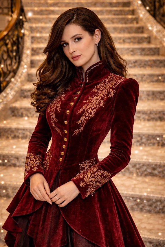 Women's Victorian Maroon Velvet Frock Coat Dress With Gold Embroidery – Luxury Asymmetrical Couture Outfit