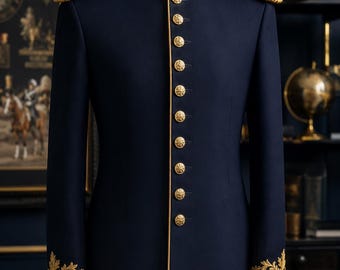 Puede incluir: Chaqueta azul marino de estilo militar con bordados y ribetes dorados. La chaqueta presenta un cuello alto, botones dorados y charreteras decorativas. Las mangas están adornadas con intrincados diseños de hojas doradas. Prenda formal en maniquí.