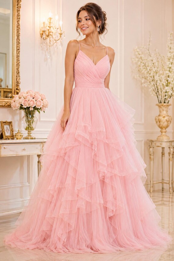pink tiered formal dress Elegant Baby Tulle Evening Gown With Spaghetti Straps & V-neck Bodice - formal hot pink dress