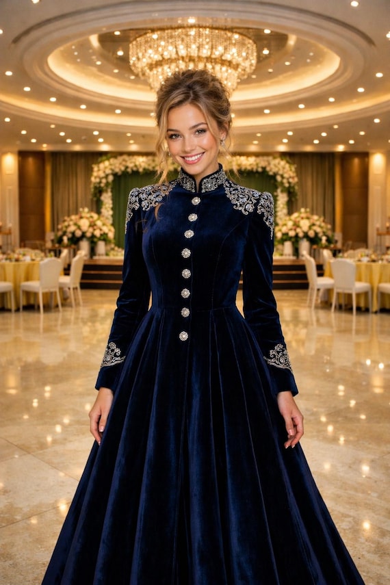 blue velvet coat dress Women Navy Victorian Dress- Long Frock Gown Coat- Gothic Wedding Outfit Gown