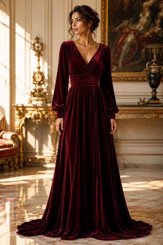 deep burgundy velvet dress Evening Gown for Women – Elegant Long Sleeve V-Neck Maxi Formal Machine wash at low Blue designer dress Hour To Shine Tube Size:US6-UK8-EUR36