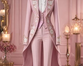 May include: A light pink formal suit set on a mannequin. The suit includes a long-tailored jacket with floral embroidery, a vest, and matching trousers. The jacket and vest feature gold buttons. A white ruffled shirt is visible beneath the vest.