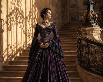 Puede incluir: Una mujer con un largo vestido de terciopelo morado oscuro con mangas de encaje negro y bordados dorados está de pie en una gran escalera. El vestido presenta un corpiño ajustado y una falda fluida. El fondo incluye una pared de piedra y una farola decorativa.