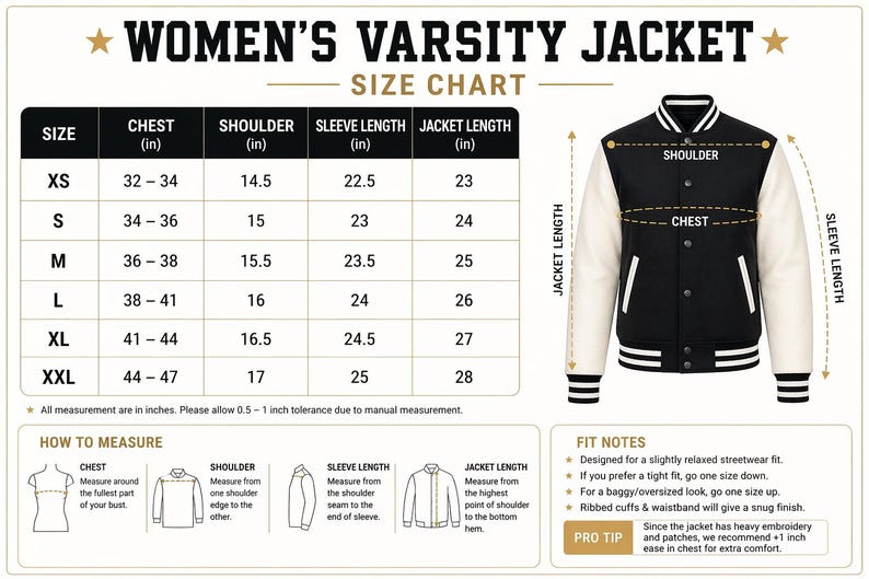 May include: A black and white varsity jacket with a size chart. The chart provides measurements for chest, shoulder, sleeve length, and jacket length in inches. The jacket has white sleeves and a black body.