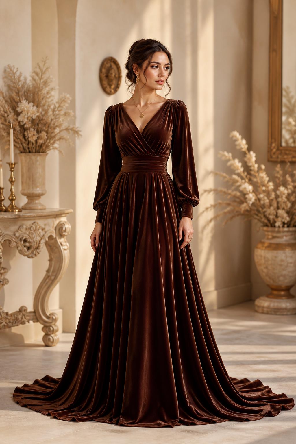 Brown Velvet Wrap Dress – Elegant V-Neck A-Line Evening Gown