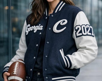 Women’s Varsity Jacket with White Sleeves – Navy Blue Letterman College Style Coat