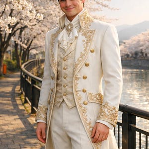 white and gold dress for men White and Gold Embroidered African Men's Suit: Custom Senator Wear