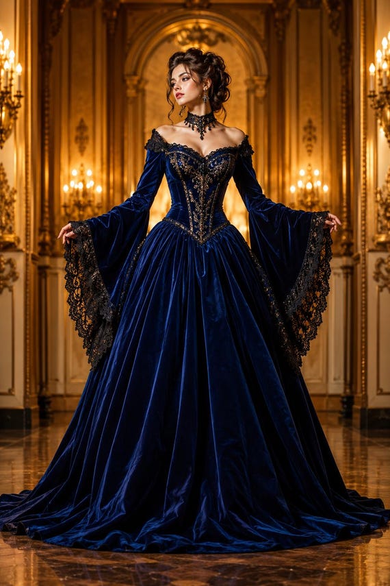 blue and black victorian dress Women's Velvet Gothic Corset Gown – Bell Sleeve Lace With Embroidered Waist New Arrvals Zendaya wows in a Size:4 (US 12-14) The dress is made
