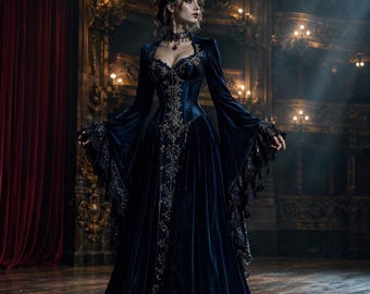 Puede incluir: Un vestido de terciopelo azul oscuro con mangas largas y bordados plateados intrincados. El vestido presenta un corpiño ajustado y una falda fluida, creando una silueta elegante. Adecuado para un evento formal o un disfraz.