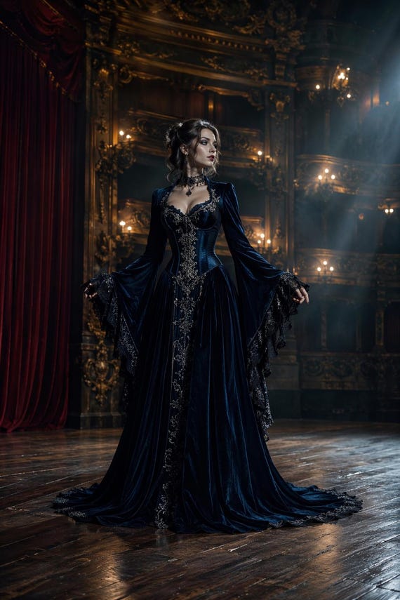 women's gothic vintage victorian ball gown corset dress Deep Navy Velvet victorian corset ball gown length velvet skirt Waist Size:36 The 615 Club - wk9
