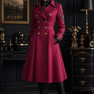 Abrigo largo de caballería para mujer, rosa intenso – Abrigo de lana cruzado hasta la rodilla / Moda militar dieselpunk