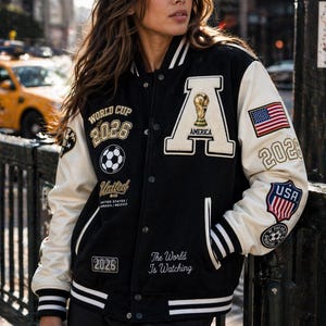 May include: Black and cream-colored letterman jacket with "WORLD CUP 2026" and "AMERICA" patches. Features a soccer ball and the text "The World Is Watching". Includes an American flag patch and the text "USA 2026".