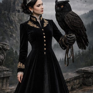 Black Velvet Gothic Frock Coat for Women – Victorian A-Line Long Coat with Gold Embroidery