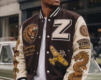 Varsity Letterman Jacket Men's – Leather Sleeves with Custom Chenille Patches & Embroidered Logos