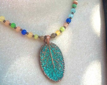 Real Sage Leaf Necklace, Electroformed Copper, Multicolored Cat's Eye Beads, Botanical Jewelry