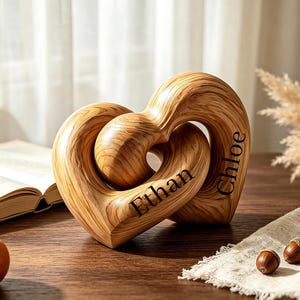 Personalized Interlocking Wooden Hearts, Custom Couple Names Keepsake, Engraved Anniversary Wedding Gift，Wedding Gift for Him Her