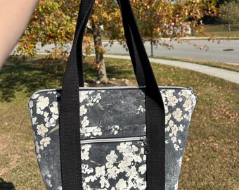 The Alchemist's Everyday Bag - Large Alt Tote, Outer Zip Pocket, Heavy-Duty & Lined - Black Floral