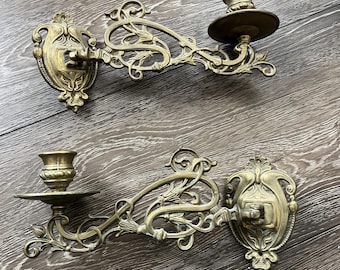 Art Nouveau Brass Piano Candlesticks | Set of 2 Vintage Floral Wall Sconces