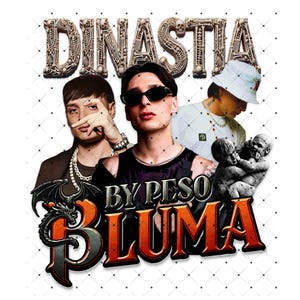 Könnte beinhalten: Grafikdesign mit drei Personen und dem Text "DINASTIA" in einer knochenartigen Schriftart. Darunter stehen die Worte "BY PESO PLUMA" in einer stilisierten orange-schwarzen Schriftart mit einem Drachenmotiv.